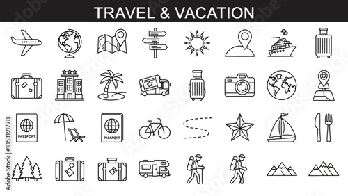 Comprehensive collection of diverse outline vector icons representing travel, vacation, and exploration activities, ideal for web, app, and graphic design projects
