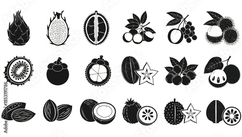 A comprehensive set of tropical fruit icons in a sleek black and white style, perfect for illustrating exotic produce, healthy food concepts, and culinary designs