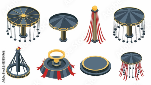 Isometric carnival amusement park rides vector collection showcasing classic swing carousels, fairground attractions, and entertainment elements for vibrant design projects