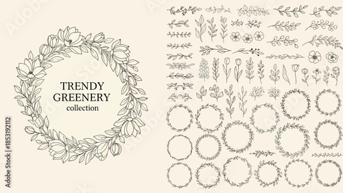 Elegant Hand-Drawn Wreath and Floral Elements Collection for Decorative Designs