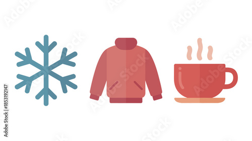 Cozy winter sweater with steaming hot coffee cup and snowflake in soft pastel colors on flat lay background for seasonal advertising