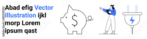 Woman holding a tablet pointing at a dollar-marked piggy bank next to an energy-efficient plug icon. Ideal for finance, economy, savings, budgeting, sustainability, energy management, simple landing