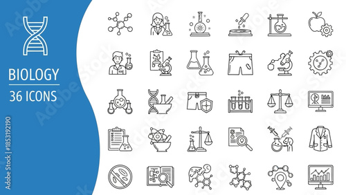 Collection of biology icons on a blue and white background