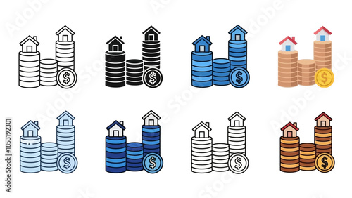 Financial growth represented by stacks of coins with houses on top, illustrating wealth and investment
