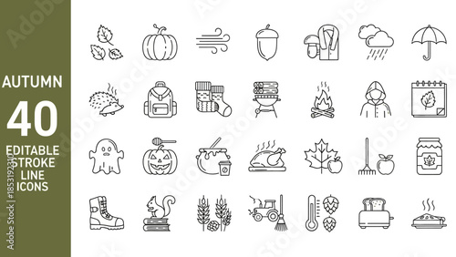 Collection of autumn-themed line icons featuring seasonal elements and activities in a simple graphic style