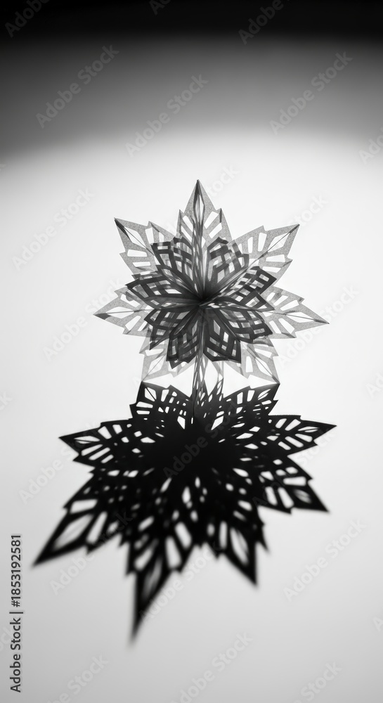 Obraz premium Intricate paper snowflake casting a dramatic shadow on a white surface.