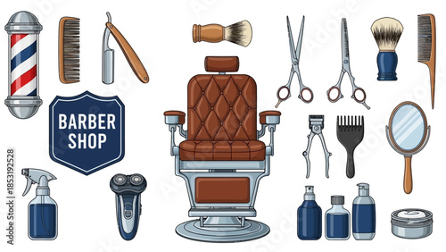 Barber shop equipment and tools arranged around a vintage barber chair in a classic setting
