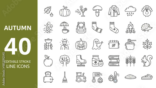 Comprehensive Collection of 40 Editable Stroke Line Icons for Autumn and Fall Season Themes, Featuring Nature, Holidays, Activities, and Cozy Elements