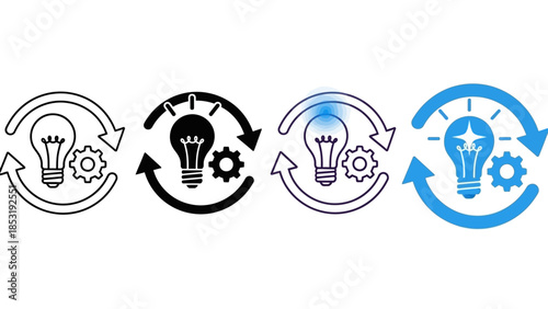Innovative ideas and creative solutions represented by light bulbs and gears in circular motion icons