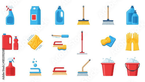 Collection of cleaning supplies and tools arranged neatly on a white background