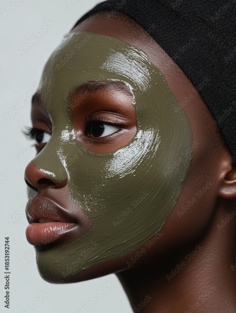 Fototapeta premium Close-up of a person with a green facial mask, showcasing skincare and beauty routines.