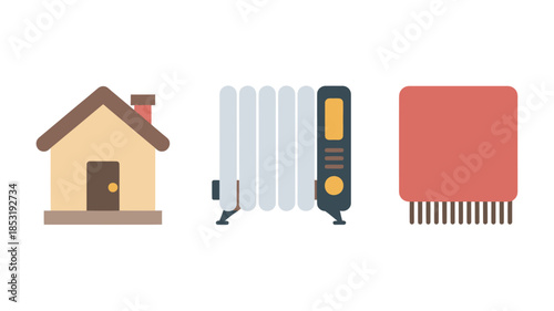 Heating System Components in Simple Flat Design with Bright Colorful Icons for Home Improvement