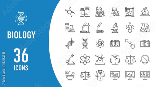 Collection of biology icons displayed on a blue and white background