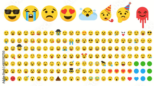 A vibrant collection of various emojis displayed on a clean white background