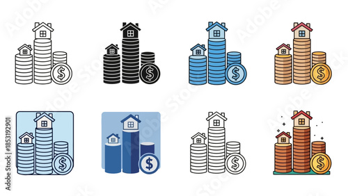Stacks of coins and currency symbols arranged in a graphic illustration showcasing financial growth and transaction concepts