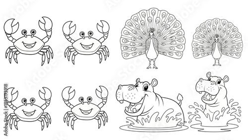 A collection of cartoon animals including crabs, a peacock, hippopotamus, and dog in a simple vector illustration.