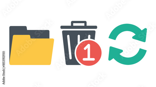 File Deletion and Recycling Icon in Simple Flat Design with Bold Colors and Clean Lines for Digital Interface