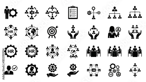 Collection of black icons representing various business and human resources concepts on a white background