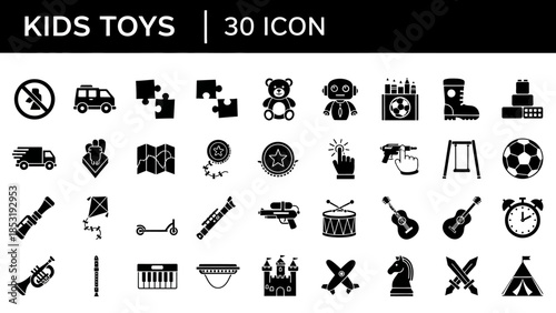 Collection of various black icon illustrations representing different toys and games for kids on a white background