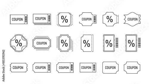 Collection of coupon icons with percentage symbols arranged in a grid pattern on a white background