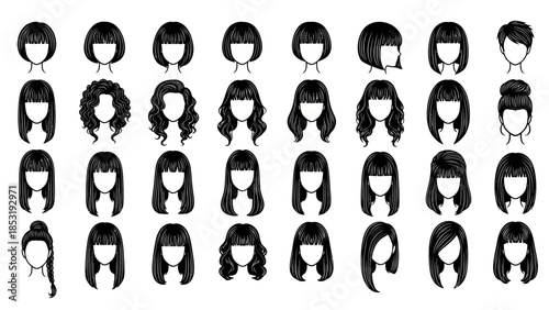 Collection of diverse female hairstyles illustrated in black and white