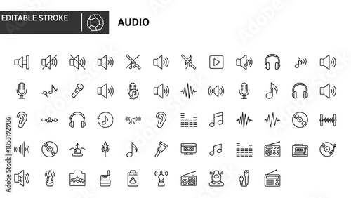 A collection of audio-related icons displayed on a clean white background