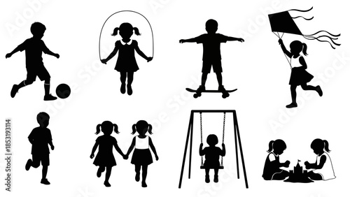 Children Engaging in Various Play Activities Silhouetted Against a White Background