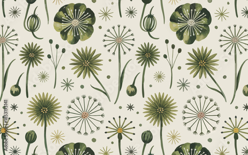 Green Floral Pattern with Dandelions and Wildflowers