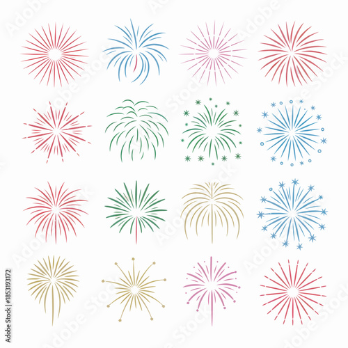 Colorful Fireworks Display in Various Shapes and Colors