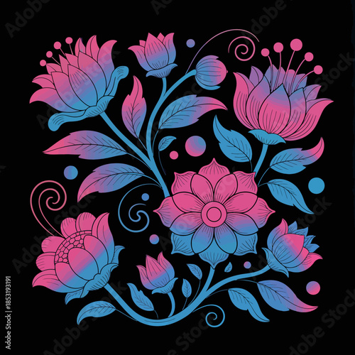 Colorful Floral Illustration with Pink and Blue Flowers