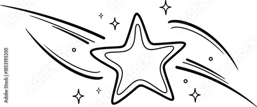 A stylized star illustration surrounded by motion lines and sparkles on a white background