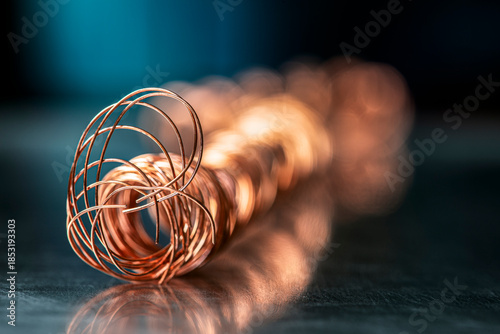 Coil of copper wire in an industrial space with shallow depth of field