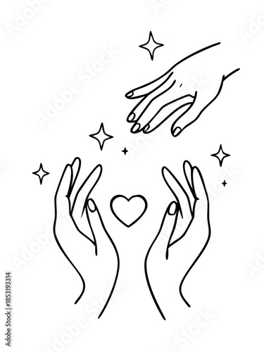 Abstract line art illustration of hands giving and receiving a glowing heart surrounded by magical sparks, symbolizing love, connection, care, and spiritual exchange