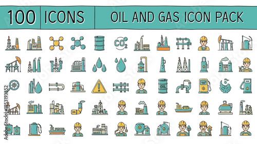 Collection of oil and gas industry icons in various styles and colors