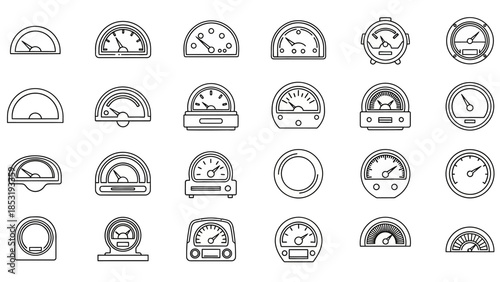 Collection of various monochrome gauge icons displayed on a plain white background
