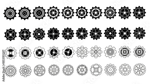 A collection of various gear icons in different styles and shades displayed on a white background