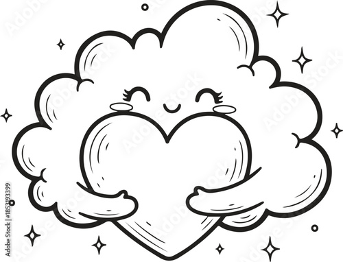 A whimsical cloud embracing a heart with gentle hands surrounded by sparkling stars
