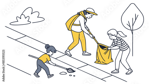 Three people volunteering to clean up litter from a sidewalk and green space, promoting environmental responsibility.