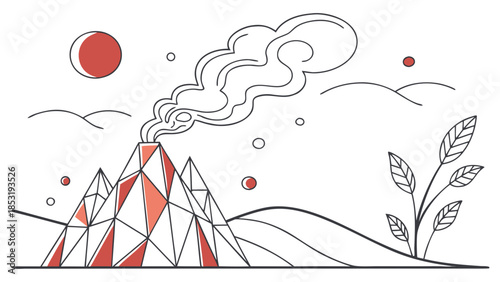 Stylized line art illustration of an erupting volcano with geometric mountains, smoke, sun, and a plant in a minimalist landscape design.