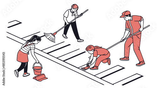 Four people cleaning an outdoor area, with one raking, one scrubbing, one sweeping, and another carrying a bucket.