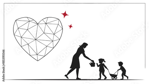 Silhouette of a mother and two children with a geometric heart and stars, symbolizing love and care.