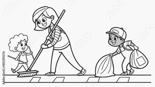 Black and white cartoon illustration of a woman and two children cleaning outdoors, sweeping and collecting trash bags, promoting community service and environmental care.
