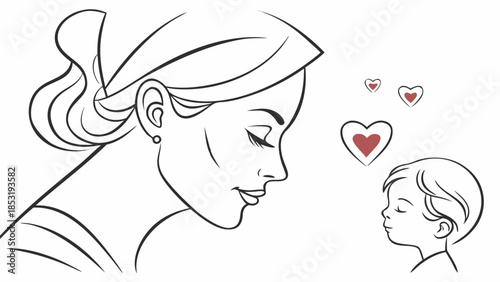 Line art illustration of a loving mother looking at her child blowing a kiss with hearts, symbolizing affection and family bond.