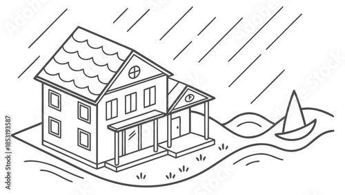 A house surrounded by floodwaters during a heavy rainstorm, with a small boat floating nearby, depicted in a simple line art style.