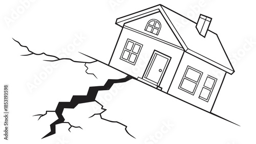 Line drawing of a house tilting precariously on a cracked, unstable slope, illustrating the impact of a natural disaster or ground instability.