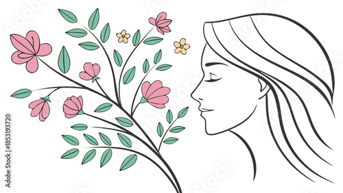 A serene line art illustration of a woman with closed eyes smelling a branch of pink and yellow flowers with green leaves.