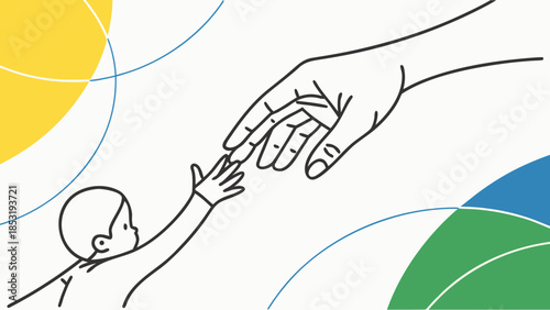 Minimalist line art illustration of an adult hand reaching out to a baby's hand, symbolizing connection, care, and support.
