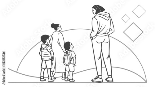 Black and white line drawing of two adults and two children observing an abstract display.