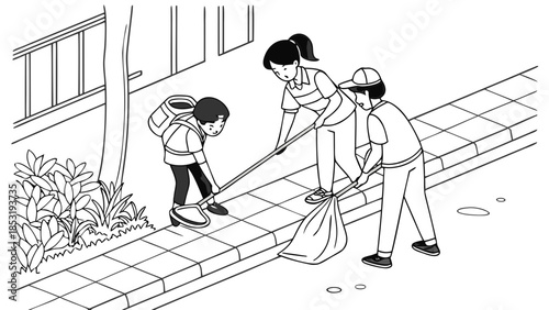 Three people, including a child, are actively cleaning a sidewalk, picking up litter and putting it into a trash bag, demonstrating community environmental effort.