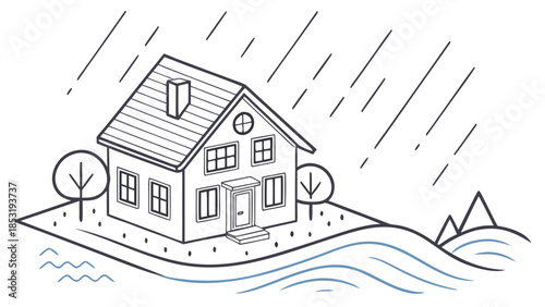 Minimalist vector art: A single, stylized house partially submerged in water, with abstract rain lines falling and a simplified, geometric wave. Limited to three cool colors (blue, grey, white) for a 